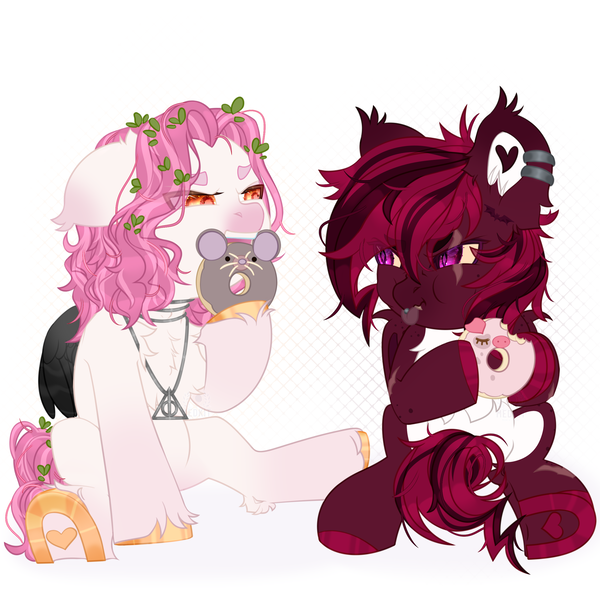 Size: 2500x2500 | Tagged: safe, artist:medkit, derpibooru import, oc, oc:bat puff, oc:yustas, unofficial characters only, bat, bat pony, mouse, pegasus, pig, pony, accessory, adam's apple, angry, bat pony oc, bat wings, birthmark, biting, chest fluff, chibi, chocolate, claws, coat markings, colored belly, colored ear fluff, colored eartips, colored eyebrows, colored eyelashes, colored hooves, colored lineart, colored muzzle, colored pupils, colored sclera, colored teeth, colored wings, commission, cute, donut, dun, duo, ear cleavage, ear fluff, ear piercing, earring, ears up, eye clipping through hair, eye scar, eyebrows, eyebrows visible through hair, eyeshadow, facial markings, facial scar, fangs, feathered wings, femboy, floppy ears, folded wings, food, full body, glaze, gold hooves, golden, gradient hooves, gradient wings, hairstyle, heart shaped, hoof hold, hoof scar, hooves, horseshoes, image, jewelry, leaves, leaves in hair, leg fluff, leg scar, lidded eyes, lightly watermarked, lines, long mane, long mane male, long tail, looking at someone, makeup, male, membranous wings, multicolored coat, multicolored eyes, open mouth, orange eyes, paint tool sai 2, pegasus oc, pendant, piercing, pink, pink eyeshadow, pink mane, pink tail, png, raised hoof, red coat, red mane, red tail, scar, short mane, shoulder fluff, signature, silver, simple background, sitting, slit pupils, smiling, spots, stallion, sternocleidomastoid, striped mane, striped tail, tail, tassels, teeth, tongue out, tongue piercing, two toned mane, two toned tail, two toned wings, unshorn fetlocks, wall of tags, watermark, white background, wing fluff, wings, yellow sclera