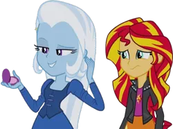Size: 3362x2520 | Tagged: safe, derpibooru import, edit, edited screencap, editor:homersimpson1983, screencap, sunset shimmer, trixie, human, equestria girls, rainbow rocks, background removed, clothes, female, g4, image, jacket, lesbian, not a vector, png, shipping, shirt, skirt, suntrix