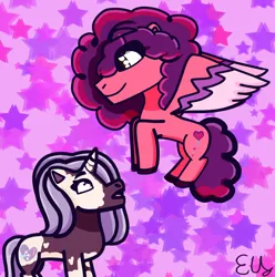 Size: 1908x1920 | Tagged: safe, artist:ekaterinats2005, derpibooru import, violette rainbow, pegasus, pony, unicorn, g5, duo, duo female, female, filly, flying, foal, horn, image, looking up, mare, open mouth, png, ruby jubilee, smiling, spread wings, starry background, stars, tail, vitiligo, wings