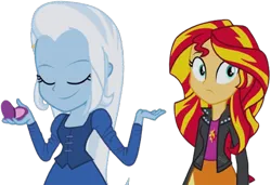 Size: 3687x2520 | Tagged: safe, derpibooru import, edit, edited screencap, editor:homersimpson1983, screencap, sunset shimmer, trixie, human, equestria girls, rainbow rocks, background removed, clothes, female, g4, image, jacket, lesbian, not a vector, png, shipping, shirt, skirt, suntrix