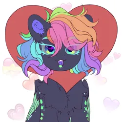 Size: 2500x2500 | Tagged: safe, artist:medkit, derpibooru import, oc, oc:abbigail (madness of the night), unofficial characters only, original species, pegasus, pony, :3, accessory, chest fluff, coat markings, colored ear fluff, colored ears, colored eyebrows, colored eyelashes, colored lineart, colored pupils, colored tongue, colored wings, dark coat, dark whites, ear fluff, eye clipping through hair, eyelashes, feathered wings, female, floppy ears, folded wings, front view, glow, glowing eyes, gradient iris, half body, heart, heart eyes, heart shaped, high res, holiday, image, lipstick, looking at you, makeup, mare, multicolored mane, neon, neon feather, neon mane, neon rainbow, neon wings, open mouth, paint tool sai 2, partially open wing, pegasus oc, png, rainbow, short mane, shoulder fluff, sitting, sketch, solo, spots, three quarter view, valentine's day, wall of tags, wing fluff, wingding eyes, wings