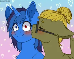 Size: 2700x2160 | Tagged: safe, artist:duskooky, artist:kooky, derpibooru import, oc, oc:bluethecake, oc:donnik, unofficial characters only, pegasus, pony, unicorn, beanbrows, blushing, duo, eyebrows, glasses, gradient background, high res, image, kiss on the cheek, kissing, png, surprise kiss, surprised