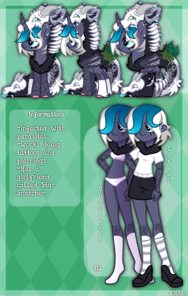 Size: 1950x3078 | Tagged: safe, artist:eilidh-draws, derpibooru import, oc, oc:parabite stormfeather, unofficial characters only, alicorn, bat pony, bat pony alicorn, original species, pony, equestria girls, alicorn oc, augmented, augmented tail, bat pony oc, bat wings, belly button, boots, bra, chest fluff, clothes, commission, ear piercing, earring, equestria girls-ified, exoskeleton, face tattoo, fangs, female, hoodie, horn, horn piercing, image, jewelry, mare, nose piercing, nose ring, panties, parasite, paraspone, piercing, png, reference sheet, shoes, skirt, skull, socks, solo, striped socks, tail, tattoo, tongue piercing, tree, underwear, unshorn fetlocks, white underwear, wings, ych result