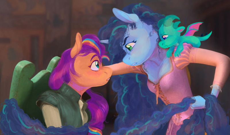 Size: 1700x1000 | Tagged: safe, artist:abbytabbys, derpibooru import, sparky sparkeroni, sunny starscout, anthro, dragon, earth pony, pony, unicorn, g5, alternate universe, blushing, disney, disney princess, female, flynn rider, glare, image, jpeg, lesbian, mare, misty brightdawn, rapunzel, screenshot redraw, ship:sunnydawn, shipping, tangled (disney), tied up, trio