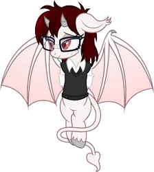 Size: 1662x1854 | Tagged: safe, artist:badumsquish, derpibooru import, oc, oc:tanith, unofficial characters only, demon, demon pony, monster pony, original species, pony, succubus, succubus pony, arm behind back, bashful, bat wings, bucktooth, clothes, derpibooru exclusive, dork, female, flirting, floppy ears, g4, gap teeth, glasses, heart, holiday, horns, image, looking away, mare, meganekko, messy mane, nerd, nerd pony, png, red eyes, rolled up sleeves, show accurate, simple background, slit pupils, smiling, solo, spaded tail, tail, tape, transparent background, vest, wings