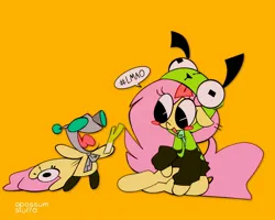 Size: 2000x1602 | Tagged: safe, artist:opossum-stuff, derpibooru import, fluttershy, pegasus, pony, antonymph, blushing, crossover, dialogue, duo, duo male and female, female, fluttgirshy, gir, image, invader zim, jpeg, leek, looking down, male, open mouth, open smile, orange background, raised hoof, signature, simple background, sitting, smiling, talking, text