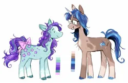 Size: 1656x1070 | Tagged: safe, artist:lutraviolet, derpibooru import, oc, unofficial characters only, earth pony, pony, unicorn, bow, coat markings, color palette, colored eartips, colored hooves, colored horn, curly mane, curly tail, cutie mark, dot eyes, duo, ear piercing, earring, earth pony oc, facial markings, glasses, horn, image, jewelry, jpeg, multicolored mane, multicolored tail, piercing, ponysona, socks (coat marking), splotches, standing, stripe (coat marking), tail, tail bow, unicorn oc