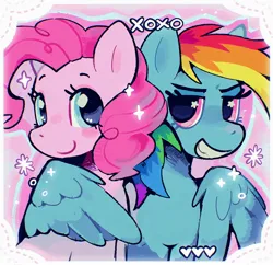 Size: 2000x1936 | Tagged: safe, artist:cupidcry, derpibooru import, pinkie pie, rainbow dash, earth pony, pegasus, pony, blushing, duo, duo female, female, g4, heart, holding, image, jpeg, lesbian, looking at you, mare, pinkiedash, shipping, smiling, sparkles, wing arms, wingding eyes, wings