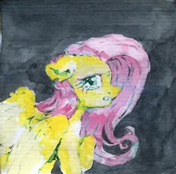 Size: 936x926 | Tagged: safe, artist:laymy, derpibooru import, fluttershy, pony, colored wings, colored wingtips, crying, female, folded wings, g4, image, jpeg, mare, raised hoof, solo, traditional art, watercolor painting, wingding eyes, wings