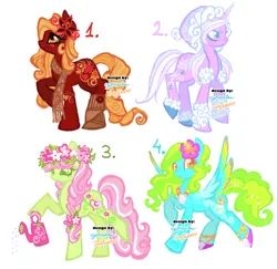 Size: 1514x1470 | Tagged: safe, artist:eyerealm, artist:junglicious64, derpibooru import, oc, unofficial characters only, earth pony, pegasus, unicorn, adoptable, blushing, braid, clothes, coat markings, colored wings, colored wingtips, cutie mark, earth pony oc, eyeliner, eyeshadow, floral head wreath, flower, flower in hair, hat, holding, horn, image, jewelry, jpeg, makeup, multicolored mane, multicolored tail, necklace, open mouth, open smile, pegasus oc, ponytail, raised hoof, scarf, shoes, simple background, smiling, socks, spread wings, standing, tail, unicorn oc, watering can, white background, wings