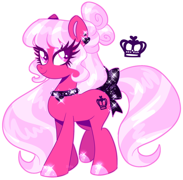 Size: 1280x1266 | Tagged: safe, artist:shebasoda, derpibooru import, oc, oc:viva velour, unofficial characters only, earth pony, pony, bow, choker, closed mouth, colored eyelashes, colored hooves, colored pinnae, colored pupils, ear piercing, earring, eyeshadow, female, hair bow, hoof polish, image, jewelry, long mane, makeup, mare, piercing, png, purple eyelashes, raised hoof, smiling, solo, sparkly, sparkly eyeshadow, tail, tail bow