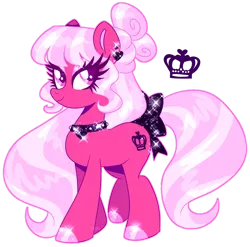 Size: 1280x1266 | Tagged: safe, artist:shebasoda, derpibooru import, oc, oc:viva velour, unofficial characters only, earth pony, pony, bow, choker, closed mouth, colored eyelashes, colored hooves, colored pinnae, colored pupils, ear piercing, earring, eyeshadow, female, hair bow, hoof polish, image, jewelry, long mane, makeup, mare, piercing, png, purple eyelashes, raised hoof, smiling, solo, sparkly, sparkly eyeshadow, tail, tail bow