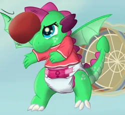 Size: 3300x3032 | Tagged: safe, artist:sweetielover, derpibooru import, oc, oc:goldigony, unofficial characters only, dragon, basket, buckball, buckball uniform, clothes, diaper, female, flying, g4, high res, image, magic, png, shirt, sky, solo, spread wings, t-shirt, telekinesis, wings