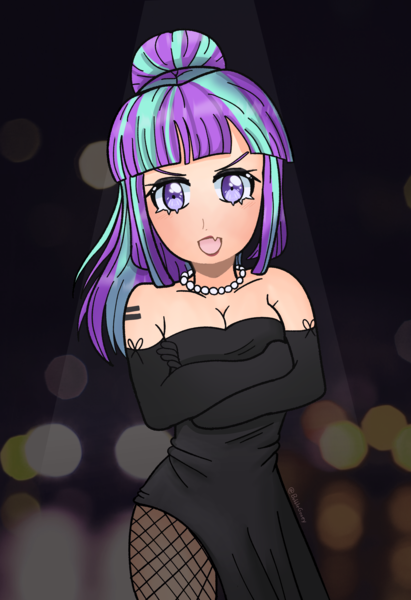 Size: 1795x2621 | Tagged: safe, artist:bubblegooey, derpibooru import, starlight glimmer, human, alternative cutie mark placement, antagonist, black dress, blurry background, blush lines, blushing, classy, clothes, crossed arms, cute, cutie mark tattoo, dress, evil grin, eyebrows, eyeshadow, fangs, female, fishnets, gloves, grin, humanized, image, jewelry, lidded eyes, light skin, lipstick, looking at you, makeup, multicolored hair, necklace, pantyhose, pearl necklace, png, ponytail, s5 starlight, shoulder cutie mark, signature, smiling, smug, smuglight glimmer, snaggletooth, solo, spotlight, standing, tattoo