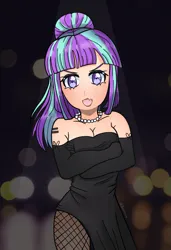 Size: 1795x2621 | Tagged: safe, artist:bubblegooey, derpibooru import, starlight glimmer, human, alternative cutie mark placement, antagonist, black dress, blurry background, blush lines, blushing, classy, clothes, crossed arms, cute, cutie mark tattoo, dress, evil grin, eyebrows, eyeshadow, fangs, female, fishnets, gloves, grin, humanized, image, jewelry, lidded eyes, light skin, lipstick, looking at you, makeup, multicolored hair, necklace, pantyhose, pearl necklace, png, ponytail, s5 starlight, shoulder cutie mark, signature, smiling, smug, smuglight glimmer, snaggletooth, solo, spotlight, standing, tattoo