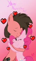 Size: 1772x2953 | Tagged: safe, artist:ace play, derpibooru import, pinkie pie, oc, oc:ace play, earth pony, pony, bipedal, canon x oc, duo, earth pony oc, eyes closed, facial hair, female, goatee, heart, hearts and hooves day, hug, image, male, mare, pinkieplay, png, shipping, smiling, stallion, straight, vector