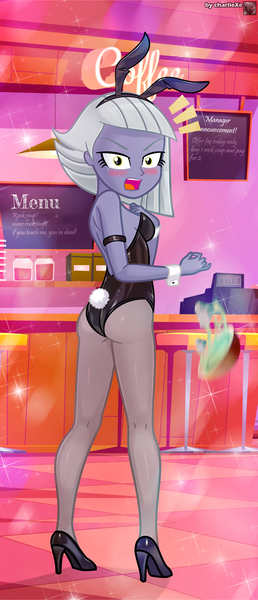 Size: 665x1548 | Tagged: suggestive, artist:charliexe, derpibooru import, limestone pie, human, equestria girls, bangs, blushing, breasts, bunny ears, bunny suit, cafe, cash register, clothes, counter, female, g4, high heels, humanized, image, indoors, jpeg, legs, looking at you, looking back, looking back at you, menu, open mouth, playboy bunny, playboy bunny limestone pie, shoes, sideboob, solo, unamused, wrist cuffs