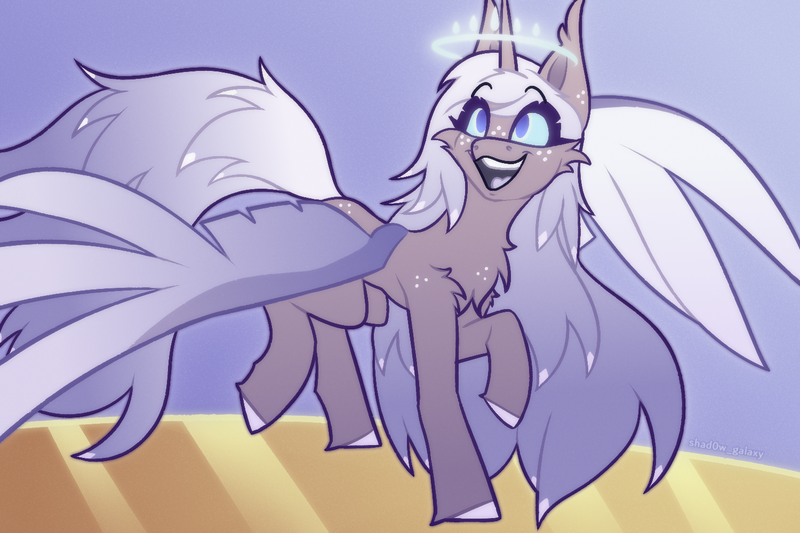 Size: 1500x1000 | Tagged: safe, artist:shad0w-galaxy, derpibooru import, ponified, alicorn, angel pony, original species, pony, angel, angelic wings, cheek fluff, chest fluff, ear fluff, emily, female, fluffy, freckles, halo, happy, hazbin hotel, hooves, image, large wings, long mane, long tail, mare, open mouth, png, raised hoof, shoulder fluff, simple background, smiling, solo, spread wings, tail, unshorn fetlocks, wings