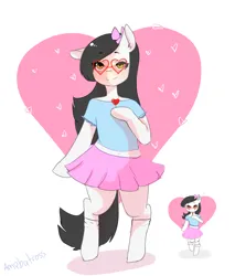 Size: 1700x2000 | Tagged: safe, artist:ampbatross, derpibooru import, oc, unofficial characters only, earth pony, semi-anthro, bow, clothes, glasses, hair bow, heart, heart background, image, looking at you, png, redraw, shirt, signature, skirt, smiling, socks, solo, tail