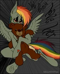 Size: 985x1204 | Tagged: safe, artist:expectationemesis, derpibooru import, rainbow dash, pegasus, pony, chest fluff, ear fluff, g4, gray background, hoof heart, hug, human shoulders, image, lyrics, plushie, png, sad, simple background, sitting, solo, spread wings, teddy bear, text, underhoof, vent art, wings