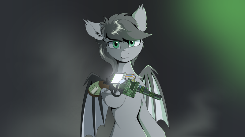 Size: 1916x1070 | Tagged: safe, artist:hoawant, derpibooru import, oc, oc:hovawant, unofficial characters only, bat pony, pony, chest fluff, ear fluff, ear tufts, gray background, gun, image, png, simple background, solo, weapon