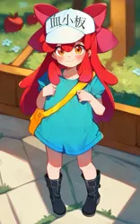 Size: 640x1024 | Tagged: safe, ai content, derpibooru import, machine learning generated, stable diffusion, apple bloom, human, adorabloom, anime, anime style, apple, apple bloom's bow, bag, boots, bow, cap, cells at work, child, clothes, cosplay, costume, cute, female, flower, food, generator:pony diffusion v6 xl, generator:purplesmart.ai, hair bow, hat, humanized, image, japanese, long hair, looking at you, moe, moon runes, oversized clothes, oversized shirt, platelet, png, shirt, shoes, shoulder bag, smiling, solo