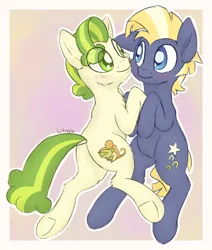 Size: 1110x1312 | Tagged: safe, artist:litrojia, derpibooru import, pistachio, star tracker, earth pony, pony, blushing, colored sketch, cuddling, duo, duo male, ear fluff, eye clipping through hair, gay, image, looking at each other, looking at someone, male, png, shipping, sketch, smiling, smiling at each other