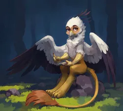 Size: 2048x1853 | Tagged: safe, artist:koviry, derpibooru import, oc, oc:vistamage, anthro, digitigrade anthro, gryphon, colored wings, colored wingtips, commission, forest, forest background, frown, griffon oc, image, jpeg, leonine tail, notepad, pencil, sitting, spread wings, tail, tree, wings, writing