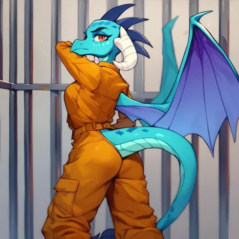 Size: 489x489 | Tagged: safe, ai content, derpibooru import, machine learning generated, princess ember, dragon, ass, butt, clothes, dragoness, female, image, jail, jpeg, jumpsuit, looking at you, looking back, looking back at you, princess embutt, prison, prison outfit, prisoner ember, purplesmart