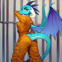 Size: 489x489 | Tagged: safe, ai content, derpibooru import, machine learning generated, princess ember, dragon, ass, butt, clothes, dragoness, female, image, jail, jpeg, jumpsuit, looking at you, looking back, looking back at you, princess embutt, prison, prison outfit, prisoner ember, purplesmart