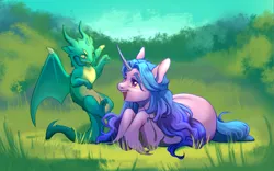 Size: 2427x1518 | Tagged: safe, artist:rowankitten, derpibooru import, izzy moonbow, sparky sparkeroni, dragon, pony, unicorn, g5, duo, duo male and female, female, grass, grass field, horn, horns, image, looking at each other, looking at someone, lying down, male, open mouth, open smile, outdoors, png, prone, smiling, spread wings, tail, unshorn fetlocks, wings