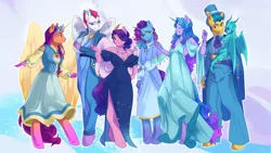 Size: 2560x1440 | Tagged: safe, artist:rowankitten, derpibooru import, hitch trailblazer, izzy moonbow, pipp petals, sparky sparkeroni, sunny starscout, zipp storm, alicorn, anthro, dragon, earth pony, pegasus, pony, unguligrade anthro, unicorn, g5, my little pony: a new generation, my little pony: tell your tale, applejack (g5), arm grab, artificial horn, artificial wings, augmented, belt, bracelet, breasts, cape, cleavage, clothes, crossed arms, crystal ball (episode), dress, ear piercing, earring, eyes closed, eyeshadow, female, fluttershy (g5), freckles, friendship bracelet, grin, group, hand on shoulder, hat, horn, horns, image, jacket, jewelry, magic, magic horn, magic wings, makeup, male, mane five, mane seven (g5), mane six (g5), mane stripe sunny, mare, misty brightdawn, necklace, pants, piercing, pinkie pie (g5), png, race swap, rainbow dash (g5), rarity (g5), rebirth misty, shirt, smiling, smirk, spread wings, stallion, suit, sunnycorn, tail, top hat, twilight sparkle (g5), unshorn fetlocks, wings