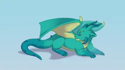 Size: 2560x1440 | Tagged: safe, artist:rowankitten, derpibooru import, sparky sparkeroni, dragon, g5, eyes closed, gradient background, horns, image, lying down, male, png, prone, smiling, solo, tail, wings