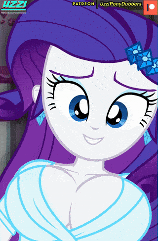 Size: 320x487 | Tagged: questionable, artist:uzzi-ponydubberx, derpibooru import, rarity, human, equestria girls, animated, big breasts, blushing, breasts, busty rarity, censored, censored breasts, clothes, exposed breasts, g4, gif, image, partial nudity, patreon, patreon censored, patreon logo, stupid sexy rarity, topless