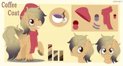 Size: 5731x3080 | Tagged: safe, artist:cheerful_nova, derpibooru import, oc, oc:coffee coat, pegasus, pony, bust, clothes, ear piercing, image, piercing, png, portrait, reference sheet, scarf, smiling, solo, unshorn fetlocks