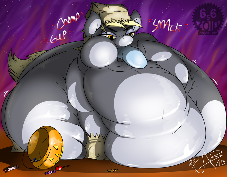 Size: 6000x4688 | Tagged: questionable, artist:frimbobbar, derpibooru import, derpy hooves, pegasus, pony, luna eclipsed, absurd resolution, aderpose, ass, bag, belly, big belly, blob, bubble butt, butt, candy, chubby cheeks, clothes, costume, derpypred, eating, fat, fat fetish, female, fetish, food, g4, high res, huge belly, huge butt, image, impossibly large belly, impossibly large butt, impossibly large everything, kitchen eyes, large butt, mare, morbidly obese, nightmare night, nightmare night costume, obese, paper bag, png, stars, the derp who ate everypony, vore, weight gain