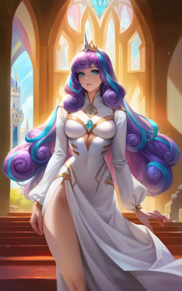 Size: 2560x4096 | Tagged: safe, ai content, derpibooru import, editor:sammykun, machine learning generated, stable diffusion, princess flurry heart, human, breasts, busty princess flurry heart, castle, clothes, crown, dress, female, g4, gem, generator:pony diffusion v6 xl, generator:purplesmart.ai, gold, high res, humanized, image, jewelry, long hair, long sleeves, looking at you, older, older flurry heart, png, prompter:sammykun, regalia, solo, standing, thighs