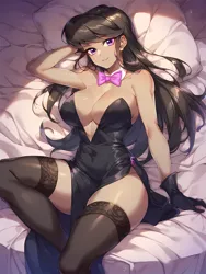 Size: 3072x4096 | Tagged: suggestive, ai content, derpibooru import, machine learning generated, stable diffusion, octavia melody, human, equestria girls, absolute cleavage, adorasexy, bare shoulders, bed, big breasts, black dress, bowtie, breasts, busty octavia melody, cleavage, clothes, cute, dress, female, g4, generator:pony diffusion v6 xl, generator:purplesmart.ai, gloves, image, looking at you, lying down, on bed, png, prompter:lerkyboy, sexy, socks, solo, stockings, strapless, stupid sexy octavia, thigh highs