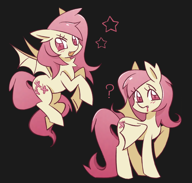 Size: 1280x1219 | Tagged: safe, artist:luckdevil, derpibooru import, fluttershy, bat pony, pegasus, pony, bat ponified, black background, blood, blushing, cutie mark, ear fluff, fangs, female, flutterbat, flying, folded wings, g4, gradient mane, gradient tail, hooves in air, image, looking at you, mare, png, question mark, race swap, raised hoof, simple background, smiling, smiling at you, spread wings, standing, tail, wingding eyes, wings