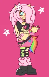 Size: 1103x1746 | Tagged: safe, artist:luckdevil, derpibooru import, fluttershy, anthro, pegasus, plantigrade anthro, alternate hairstyle, belly button, belt, boots, bracelet, choker, clothes, cutie mark tattoo, emo, emoshy, fishnet clothing, folded wings, hair accessory, hair over one eye, image, jewelry, keychain, leg warmers, leggings, miniskirt, painted nails, panties, pink background, png, pony ears, scene, shoes, short shirt, simple background, skirt, smiling, socks, spiked choker, stars, tattoo, thong, torn clothes, underwear, wings