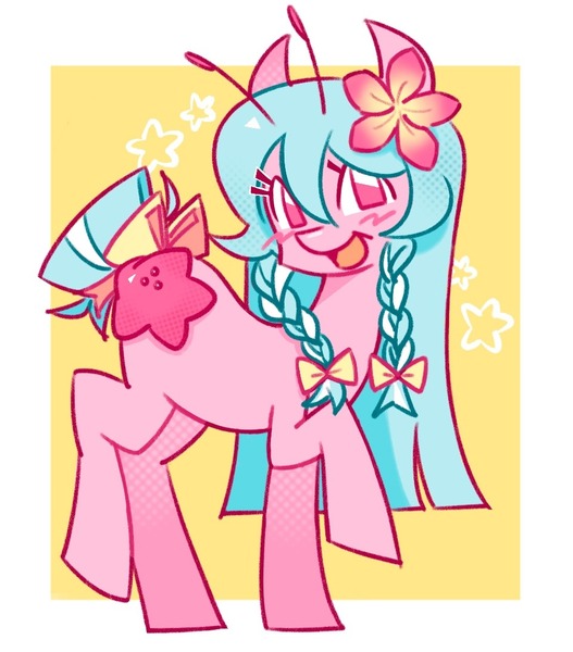 Size: 961x1094 | Tagged: safe, artist:luckdevil, derpibooru import, oc, unofficial characters only, earth pony, pony, starfish, antennae, bow, braid, braided ponytail, earth pony oc, female, flower, flower in hair, hair bow, image, jpeg, looking at you, mare, open mouth, open smile, ponytail, raised hoof, redesign, short tail, smiling, smiling at you, solo, standing, tail, tail bow