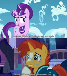 Size: 1280x1440 | Tagged: safe, derpibooru import, edit, edited screencap, editor:jaredking779, screencap, starlight glimmer, sunburst, pony, unicorn, season 5, season 9, student counsel, the cutie re-mark, spoiler:s09, caption, cloak, clothes, duo, female, g4, glasses, image, jpeg, male, mare, s5 starlight, stallion, sunburst's cloak, sunburst's glasses, text