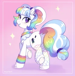 Size: 2377x2392 | Tagged: safe, artist:skysorbett, derpibooru import, oc, oc:top coat, unofficial characters only, earth pony, pony, accessory, butt, earth pony oc, female, image, looking at you, mare, multicolored hair, plot, png, rainbow hair, simple background, smiling, smiling at you, solo, underhoof