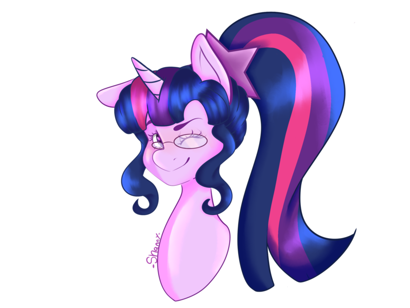 Size: 2224x1668 | Tagged: safe, artist:shqnnyhere, derpibooru import, sci-twi, twilight sparkle, ponified, pony, unicorn, equestria girls, bust, equestria girls ponified, female, glasses, image, looking at you, mare, one eye closed, png, simple background, solo, transparent background, unicorn sci-twi, wink, winking at you