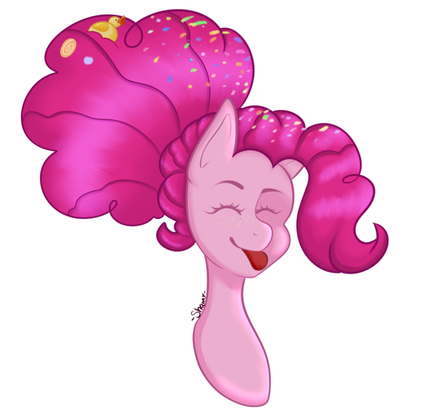 Size: 2224x2121 | Tagged: safe, artist:shqnnyhere, derpibooru import, pinkie pie, earth pony, pony, bust, confetti, eyes closed, female, image, mare, png, smiling, solo, tongue out