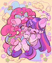 Size: 1699x2048 | Tagged: safe, artist:yanyannonoz, derpibooru import, pinkie pie, twilight sparkle, equestria girls, bow, clothes, duo, duo female, ear piercing, earring, female, freckles, g4, hair accessory, hair bow, horn, image, jacket, jewelry, jpeg, knee high socks, lesbian, long sleeves, looking at each other, looking at someone, one eye closed, open mouth, open smile, piercing, pony ears, ponytail, ship:twinkie, shipping, shoes, smiling, smiling at each other, socks, sparkles, wingding eyes, wings