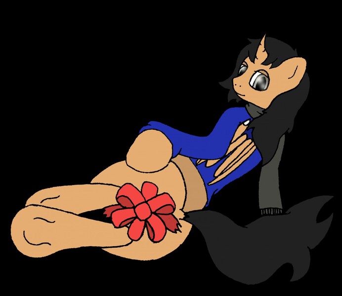 Size: 1280x1110 | Tagged: suggestive, artist:albinoraynedeer, derpibooru import, oc, unofficial characters only, bat pony, bat pony unicorn, hybrid, pony, unicorn, black background, clothes, horn, image, jpeg, looking back, lying down, ribbon, side, simple background, solo