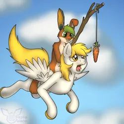 Size: 3000x3000 | Tagged: safe, artist:albinoraynedeer, derpibooru import, oc, oc:general ryder, unofficial characters only, pegasus, pony, rabbit, animal, carrot on a stick, flying, furry, high res, image, not derpy, open mouth, png, riding, riding a pony