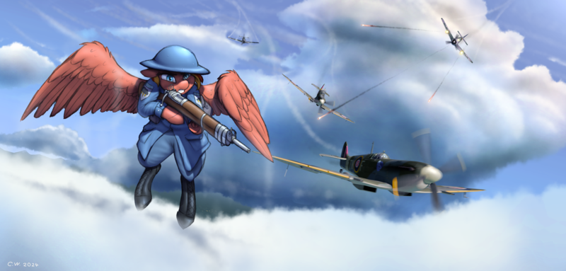 Size: 5750x2753 | Tagged: safe, artist:crazy water, derpibooru import, oc, unnamed oc, pegasus, pony, equestria at war mod, bullet, clothes, cloud, dogfight, female, fighter, gun, gunfire, high res, image, implied changeling, mare, plane, png, rifle, supermarine spitfire, uniform, weapon, world war ii