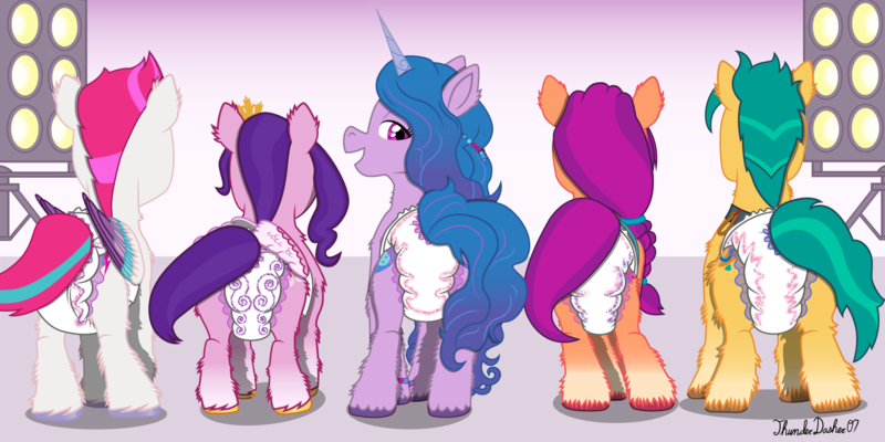 Size: 2400x1200 | Tagged: questionable, artist:thunderdasher07, derpibooru import, hitch trailblazer, izzy moonbow, pipp petals, sunny starscout, zipp storm, earth pony, pegasus, pony, unicorn, g5, my little pony: a new generation, both cutie marks, bracelet, braid, braided ponytail, butt, butt focus, butt shake, coat markings, colored wings, diadem, diaper, diaper butt, diaper fetish, ear fluff, female, fetish, fit right in (g5), fluffy, fluffy wings, folded wings, friendship bracelet, glitter, headress, height difference, hoof fluff, image, jewelry, leg fluff, line-up, looking back, male, mane five, mare, neck fluff, non-baby in diaper, open mouth, plot, plotline, png, ponytail, poofy diaper, rear view, regalia, scene interpretation, signature, socks (coat marking), stage light, stallion, sunny's bag, tail, tail hole, unshorn fetlocks, watch us shake our unicorn butts, wings